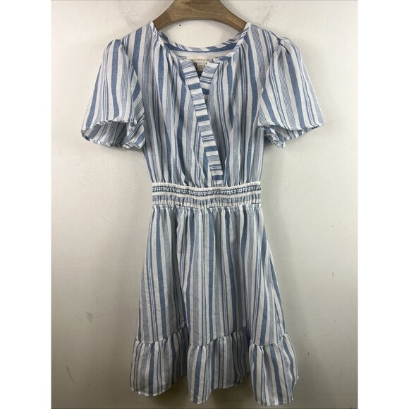 Monteau Women’s  Striped V Neck Dress Size XS Clinched Waist Pheasant Bohemian - Picture 1 of 7